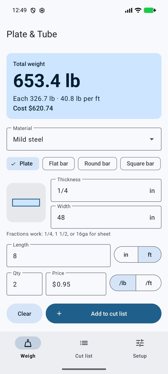 Plate weight and cost